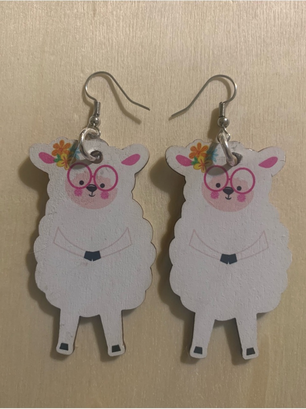 Cute White Sheep Dangle Earrings with Pink Accents